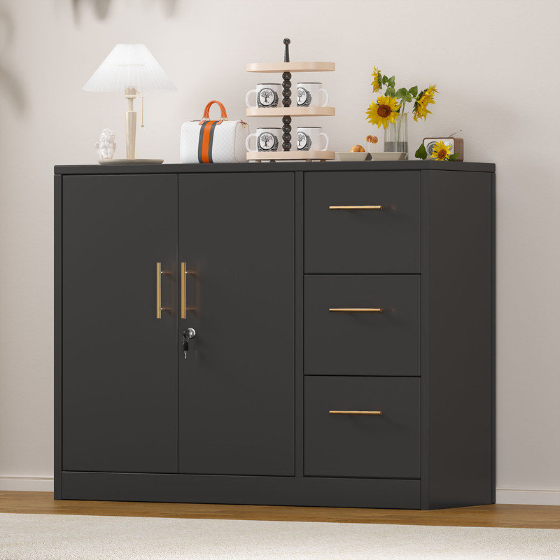 Metal Sideboard Buffet Stoarge Cabinet With 2 Doors And 3 Drawers For Kitchen Living Room, Black