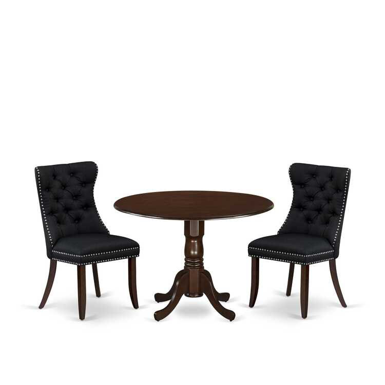3-Piece Antique Walnut Finish Solid Wood Top-Round Upholstered Dining Room Set with Dropleaf-Seats 4, Matte Black, Mahogany