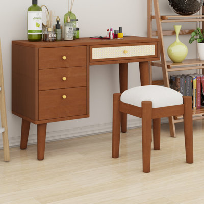 Ensemble de coiffeuse rétro Bohemian avec ports de chargement USB, 3 tiroirs, 1 tiroir en rotin et tabouret rembourré