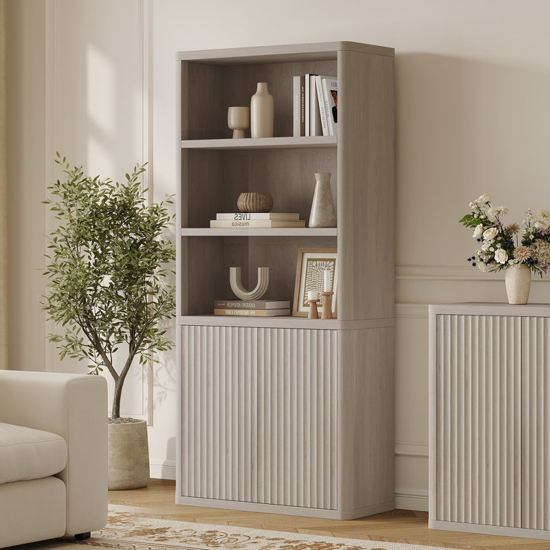 Cesiro 6-Tier Bookcase With 2 Fluted Doors And Adjustable Shelves, White Alder