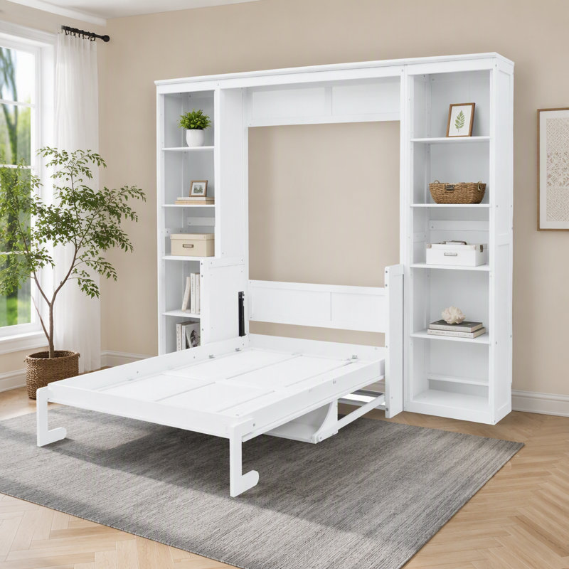 Full Size Murphy Bed with Desk and Bookshelf, White