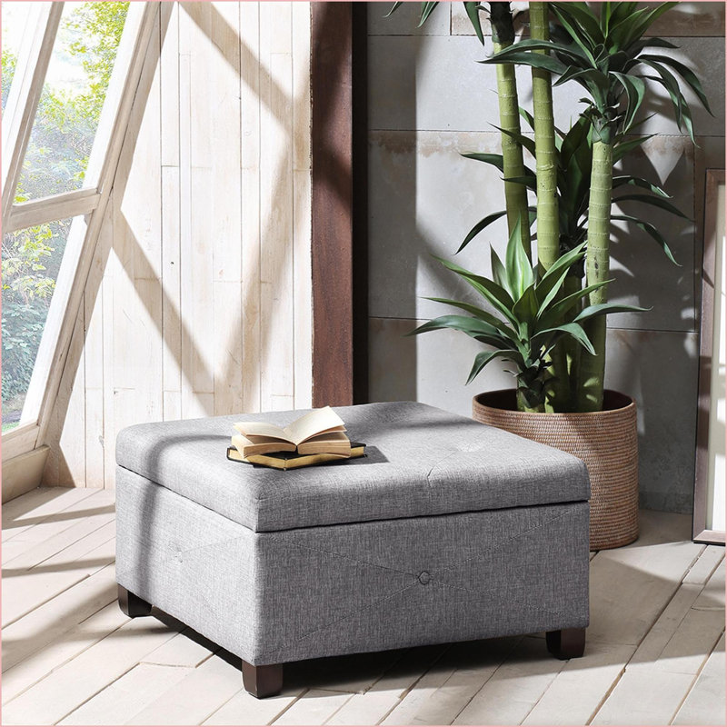 Repose-pieds avec rangement à fermeture en douceur, tissu sable | Bouton capitonné | Brun foncé | Cadre en bois, Tanné