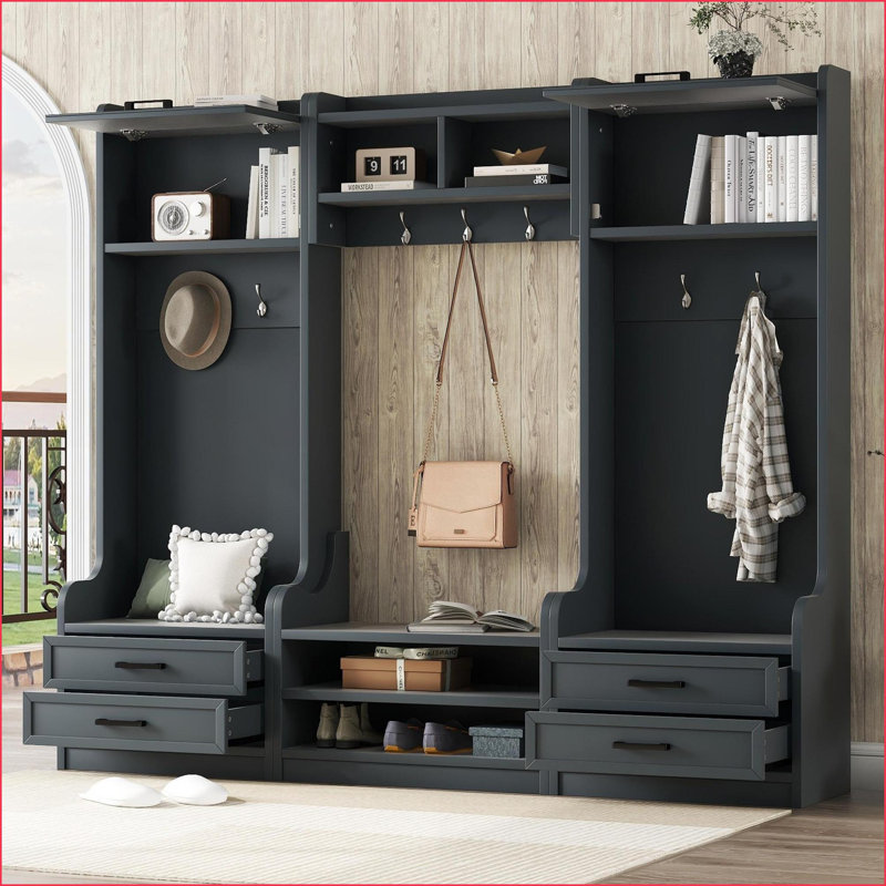 Hall Tree 4-in-1 Detachable with Storage, 7 Hooks, Drawers &amp; Cabinet | Antique Blue | Particle Board+MDF, Antique Blue