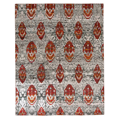 Tapis unique argenté / rouge noué à la main 8 pi x 10 pi