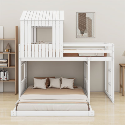 Bunk Bed With Playhouse, Farmhouse, Ladder And Guardrails