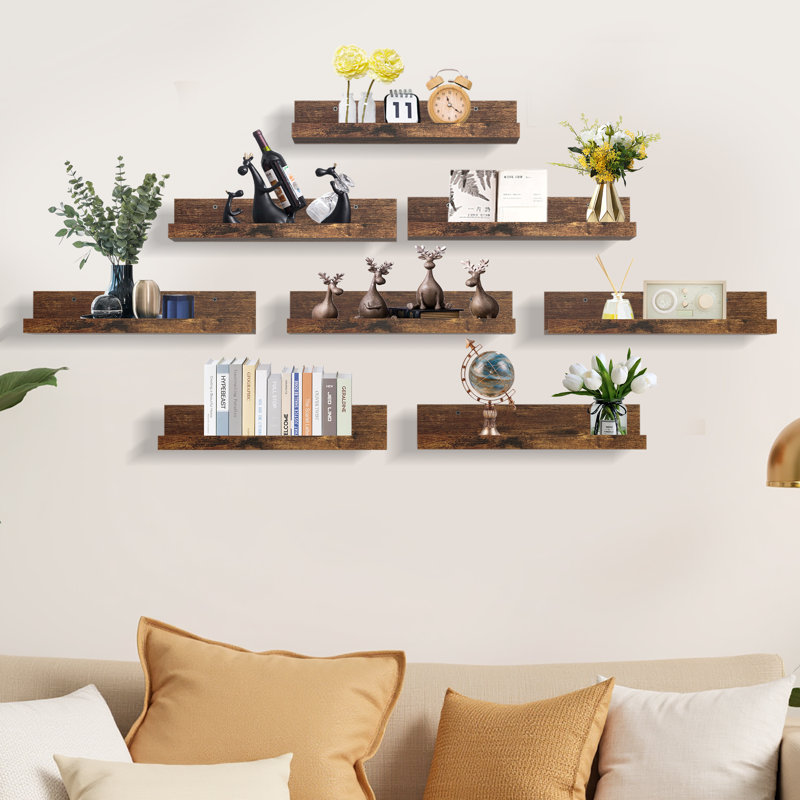 Ensemble de 8 tablettes murales flottantes en bois, tablettes pour décoration murale, rétro, Bois brun