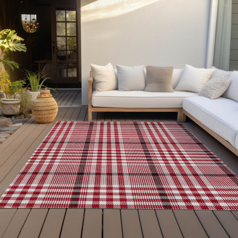 Red Plaid Synthetic Washable Indoor Outdoor Rug 3' x 5'