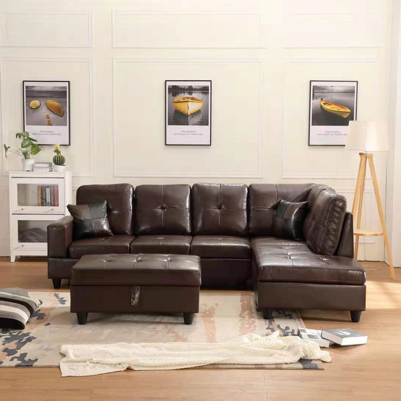 Faux Leather L-Shaped Sectional, Black Faux Leather, Right Hand Facing