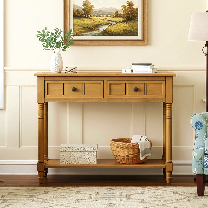 Console de style traditionnel avec deux tiroirs et une tablette inférieure, Naturel