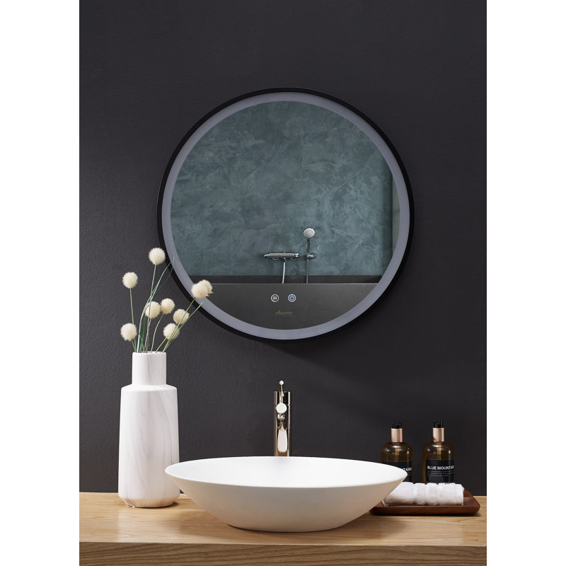30-Inch Round Black Aluminum Bathroom Vanity Mirror with LED Light