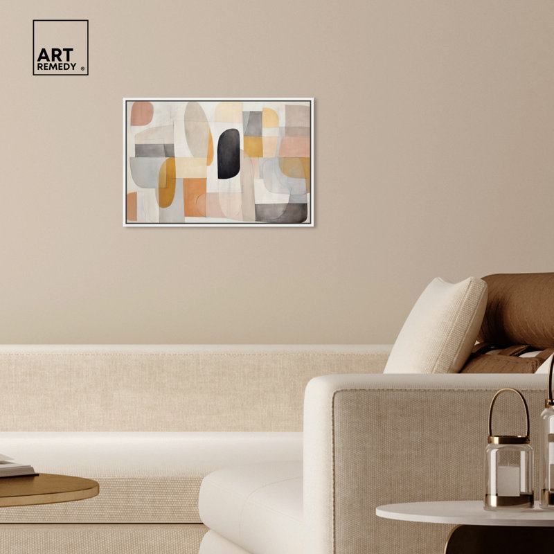 Eleanada Beige and White Abstract Canvas Wall Art with White Floater Frame