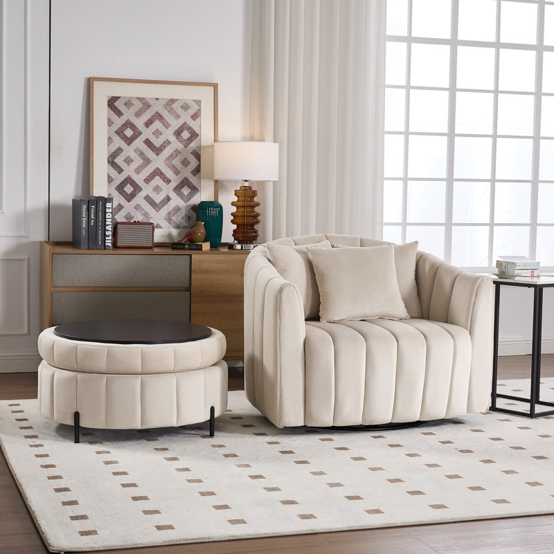 Upholstered  Swivel Barrel Armchair With Ottoman, Beige