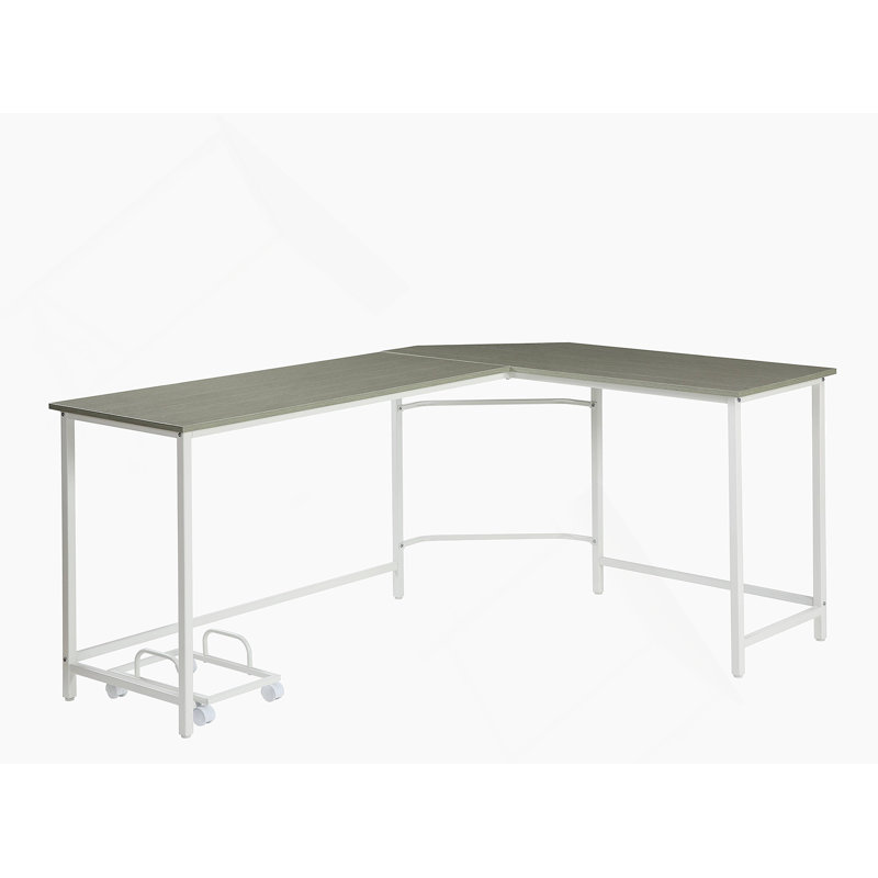 Bureau d'ordinateur en L Bambina à finition grise et blanche avec bord biseauté et rangement mobile, parfait pour les petits espaces et les postes de travail modernes.
