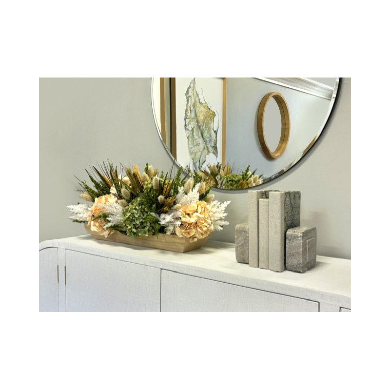 Assorted Hydrangea, Heather, Pampas And Wheat In A Oblong Wooden Container, Brown