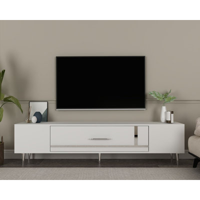 Catena Modern White TV Stand with Silver Accents, 59.1 x 19.0 x 11.6 in | 100% Melamine Coated Particle Board, Wall-Mountable Design | Elegant & Functional Storage for Living Room, Contemporary Style
