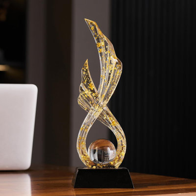 12.2" White & Gold Wing-Shaped Resin Sculpture - Modern Home Office Decor
