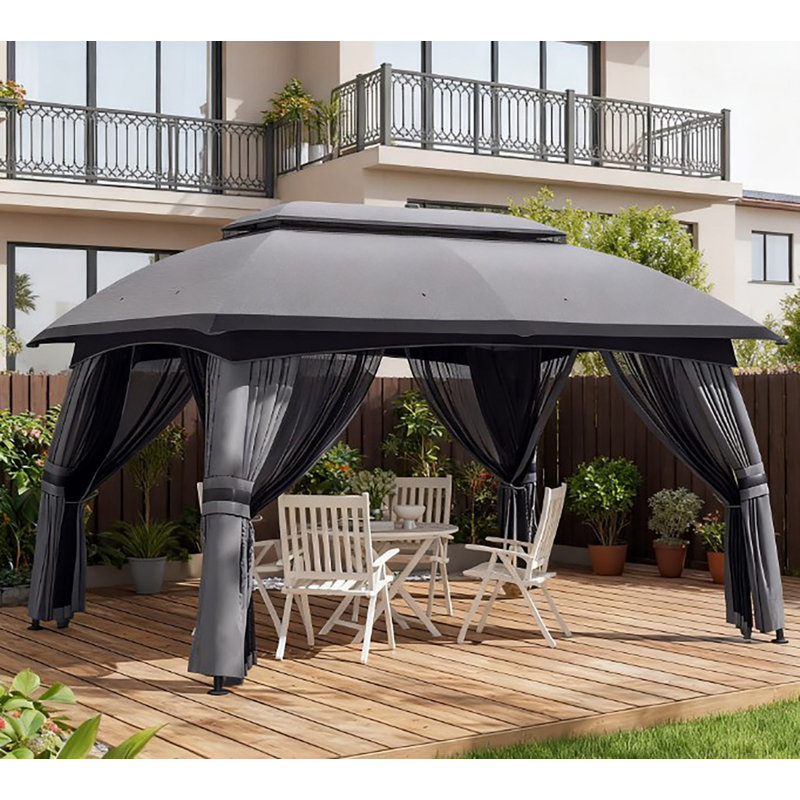 Grand pavillon de jardin extérieur avec toit ventilé à deux niveaux, filet de protection et structure en acier thermolaqué pour la cour, le patio et le jardin