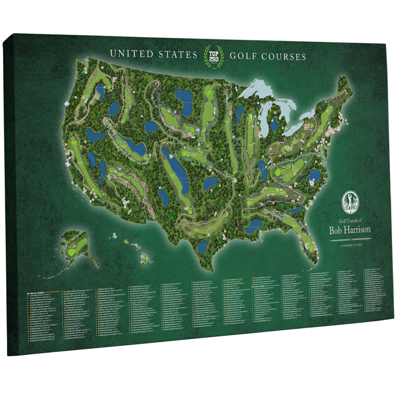 Carte des 250 meilleurs terrains de golf aux États-Unis, H 30 po x l 48 po x P 1,5 po, Sables d'or