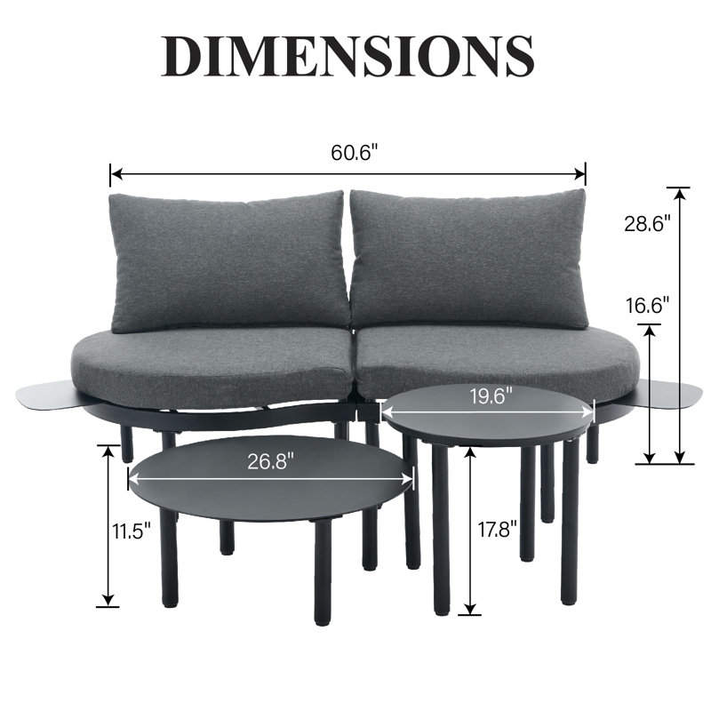 Patio Curved Sofa with Coffee Table, Black Cushion/Dark Gray Frame