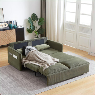 Sofas Couches | 64.5'' 3-in-1 Sleeper Sofa Bed with Pullout, 2 Pillows, Side Pockets | for Living Room Bedroom Apartment Office | Sage Green | Corduroy