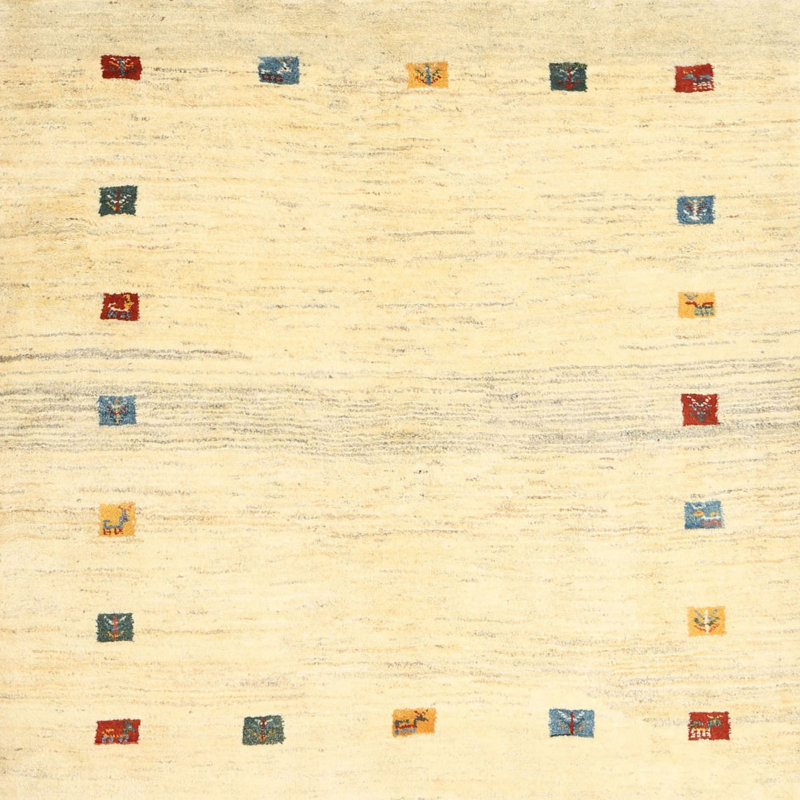 Tapis contemporain beige / bleu / rouge, Carré 6 pi
