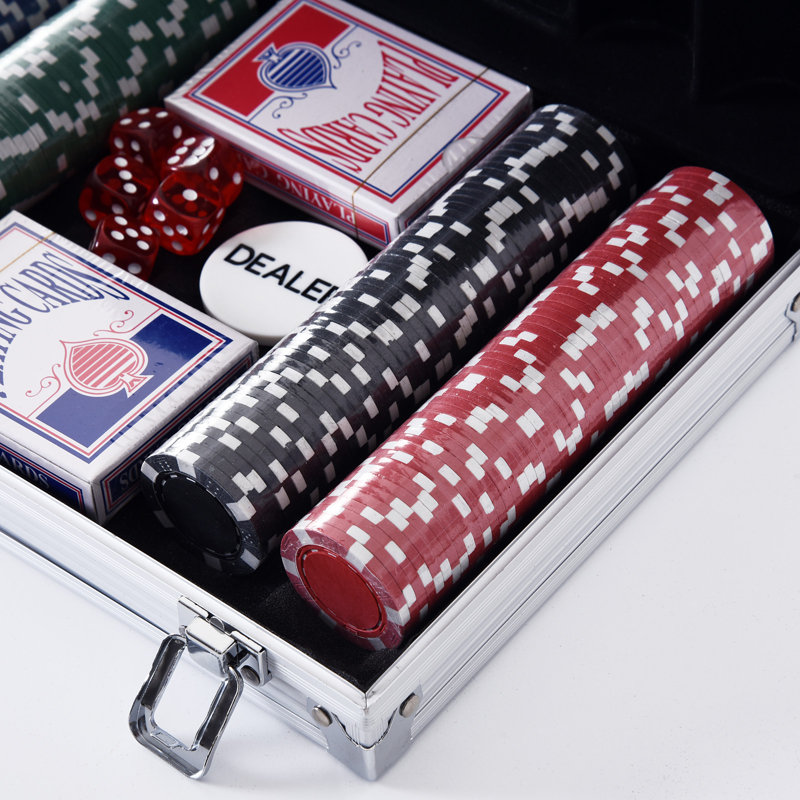 Coffret de jetons de poker avec étui en aluminium argenté, 200 jetons rayés, 2 jeux de cartes, bouton de donneur, pour le Texas Hold'em et le Blackjack, argent