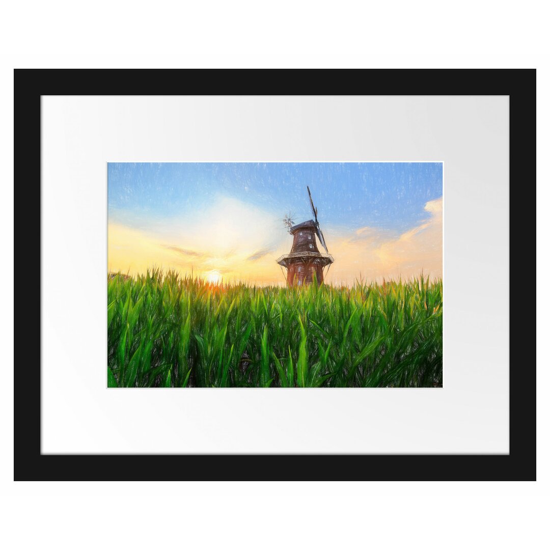 Gerahmtes Poster Schöne Windmühle auf dem Feld