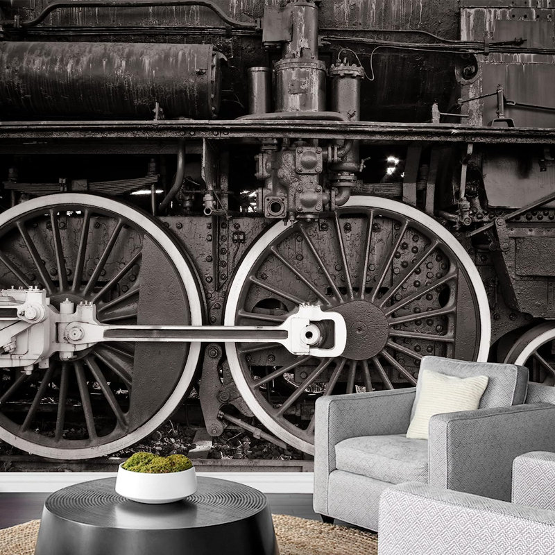 Détail d'une vieille roue de locomotive avec peinture murale en noir et blanc à peindre, L 66 po x l 96 po