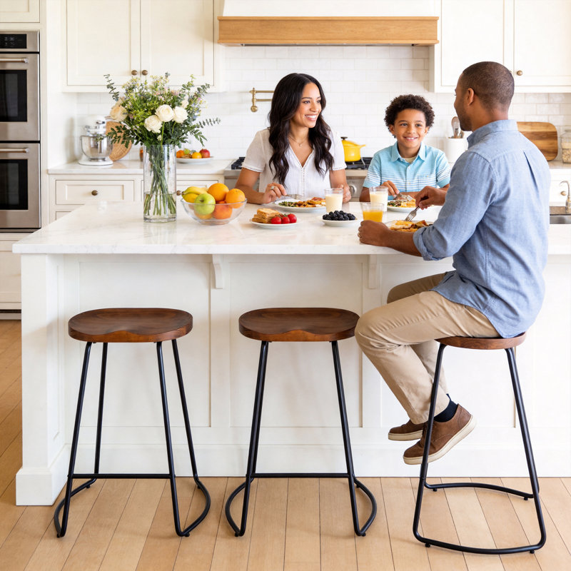 llle Solid Wood Backless Saddle Seat with Footrest Stool Set, Walnut/Black, 3, Counter Stool (26" Seat Height)