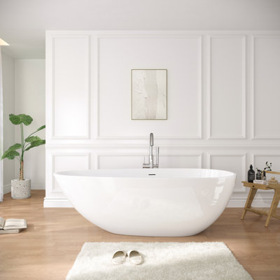 59" x 31" Freestanding Solid Surface Bathtub Luxury Stone Resin Soaking Bathtub with Overflow and Pop-up Drain, Glossy White