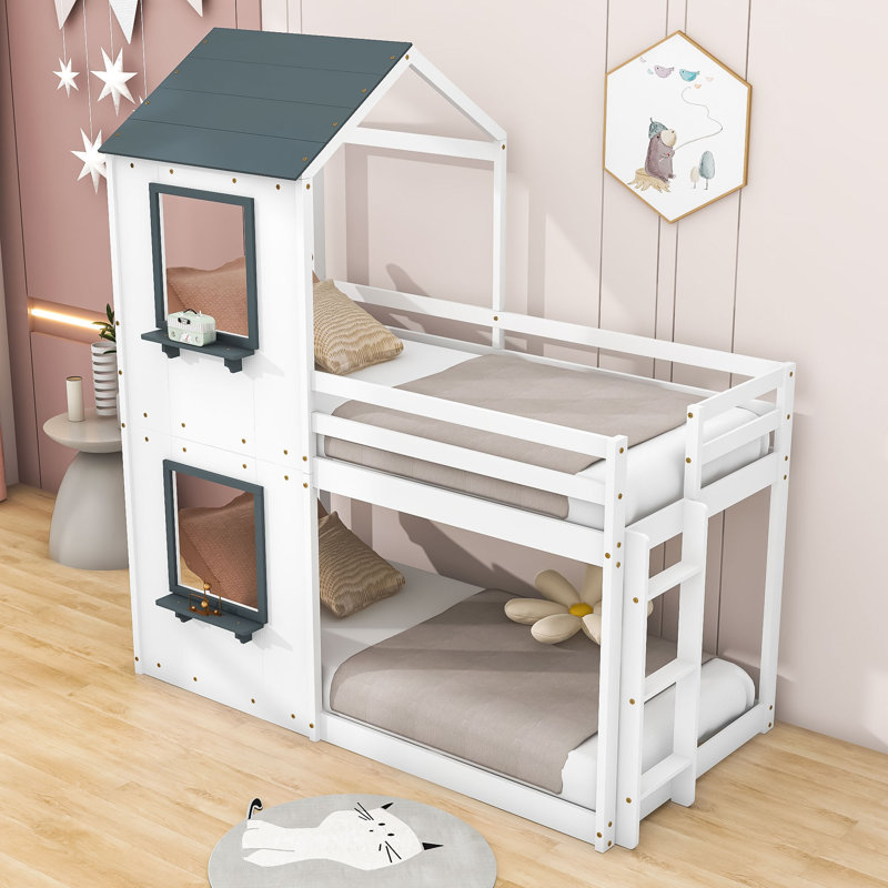 Hruni Kids Twin Over Twin Bunk Bed, White