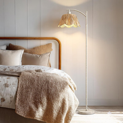 Farmhouse Floor Lamps for Living Room, Boho Floor Lamp for Bedroom with Foot Switch, Rattan Floor Lamp for Reading with Hand-Woven Shade, Antique White Metal Base & Pole