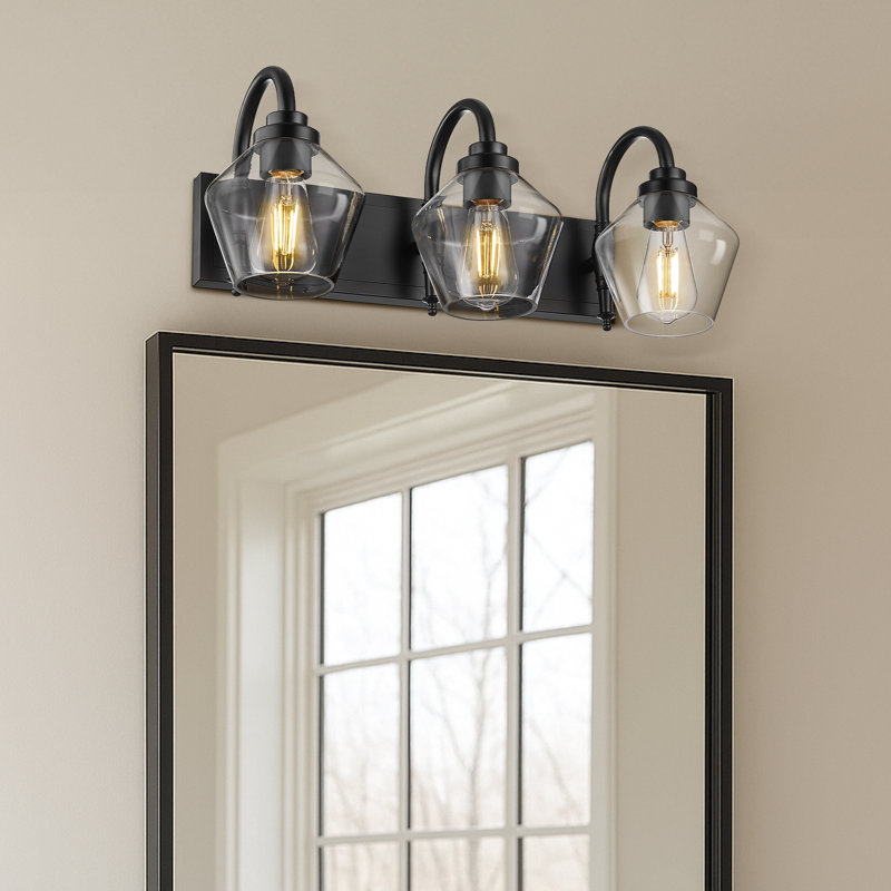 Meuble-lavabo à 3 lumières en verre clair avec abat-jour en verre transparent, noir, H 10,6 po x l 23,2 po x P 10,23 po