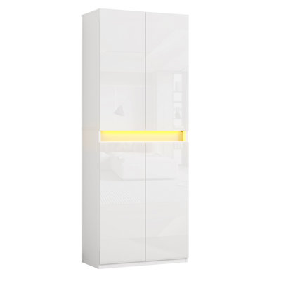 71" Tall Pantry Storage Cabinet, Kitchen Pantry With High Gloss Doors, Modern Buffet Hutch Cabinet With Led Light And Adjustable Shelves For Dining Room, Living Room, White