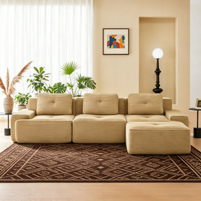 117" Camel Corduroy U-Shaped Modular Sectional Sofa, Ottoman & Deep Seat, No Assembly