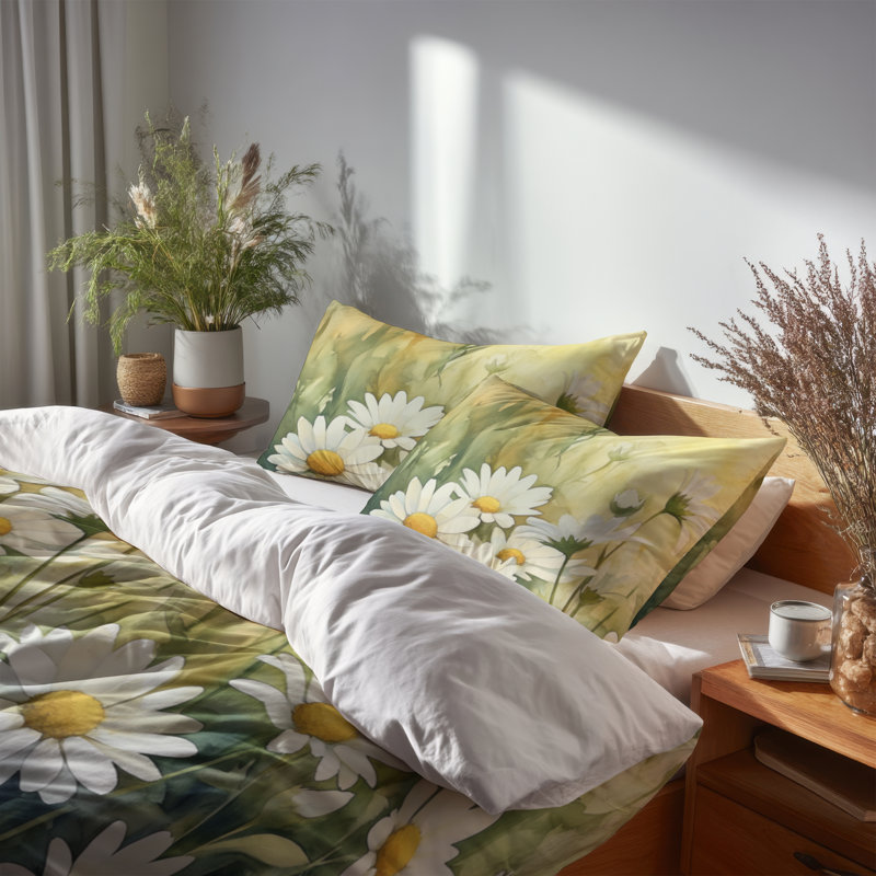 Ensemble de literie 3 pièces Summer Daisy Glow - Ensemble de literie White Meadow, Queen Duvet Cover + 2 Standard Shams