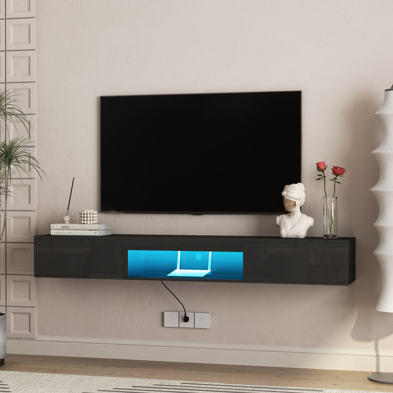 69 Inch Floating Wall Mounted TV Stand With 16 Color LED Lights, Modern Entertainment Center For 55 To 65 Inch Tvs, Black | Gift Idea