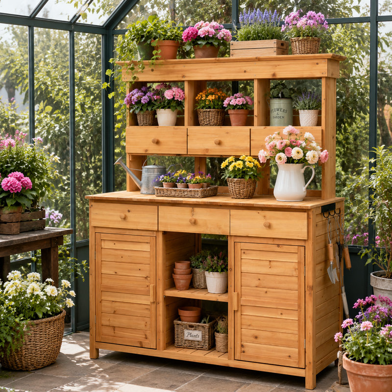 Banc de rempotage en bois de sapin massif avec grand tiroir et rangement pour armoire, étagère réglable, table de travail de jardin ergonomique pour une utilisation intérieure ou extérieure