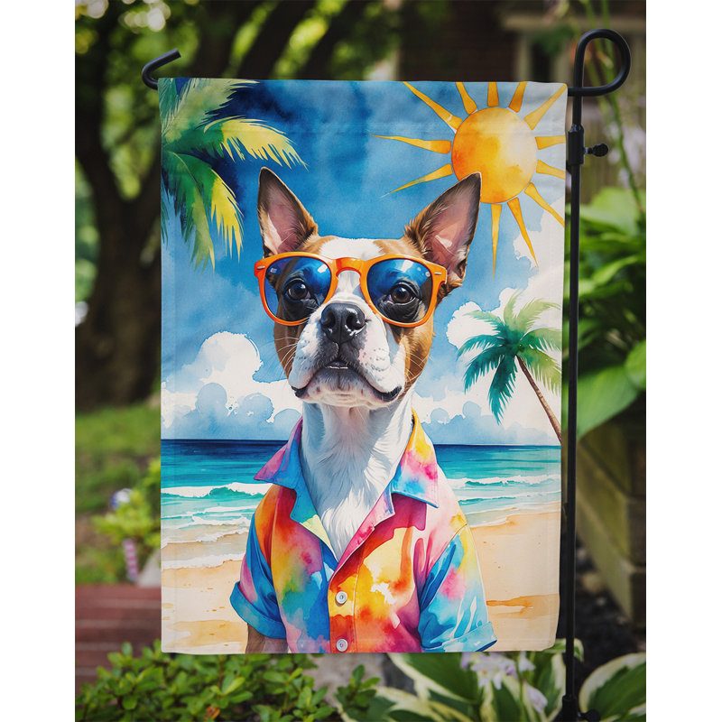 Bouvier bernois avec drapeau de jardin, Terrier rouge de Boston