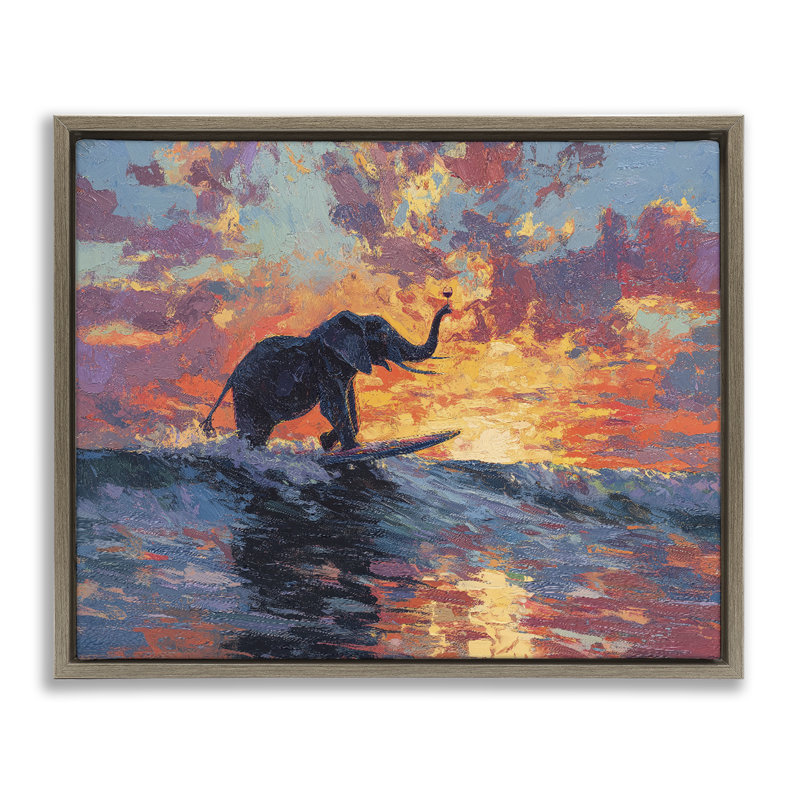 Cadre flottant Sunset Surf Elephant, design par Ziwei Li, Cadre flottant orme Montalcino, H 17 po x l 21 po