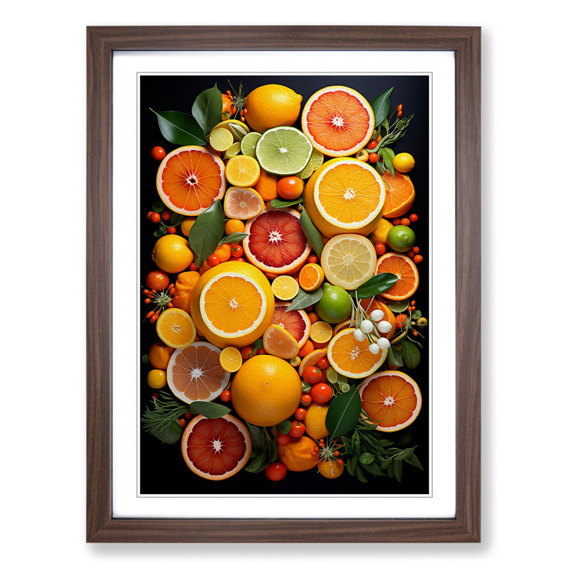 Citrus Fruits Tachisme - Single Picture Frame Print on Wood, 46cm H x 34cm W x 2cm D, Walnut Framed