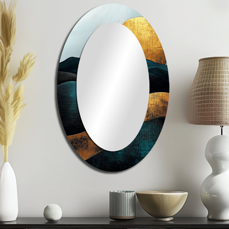 Sunrise On Golden Emerald Mountains Horizon III - Grand miroir mural ovale sur métal, 36 po x 24 po