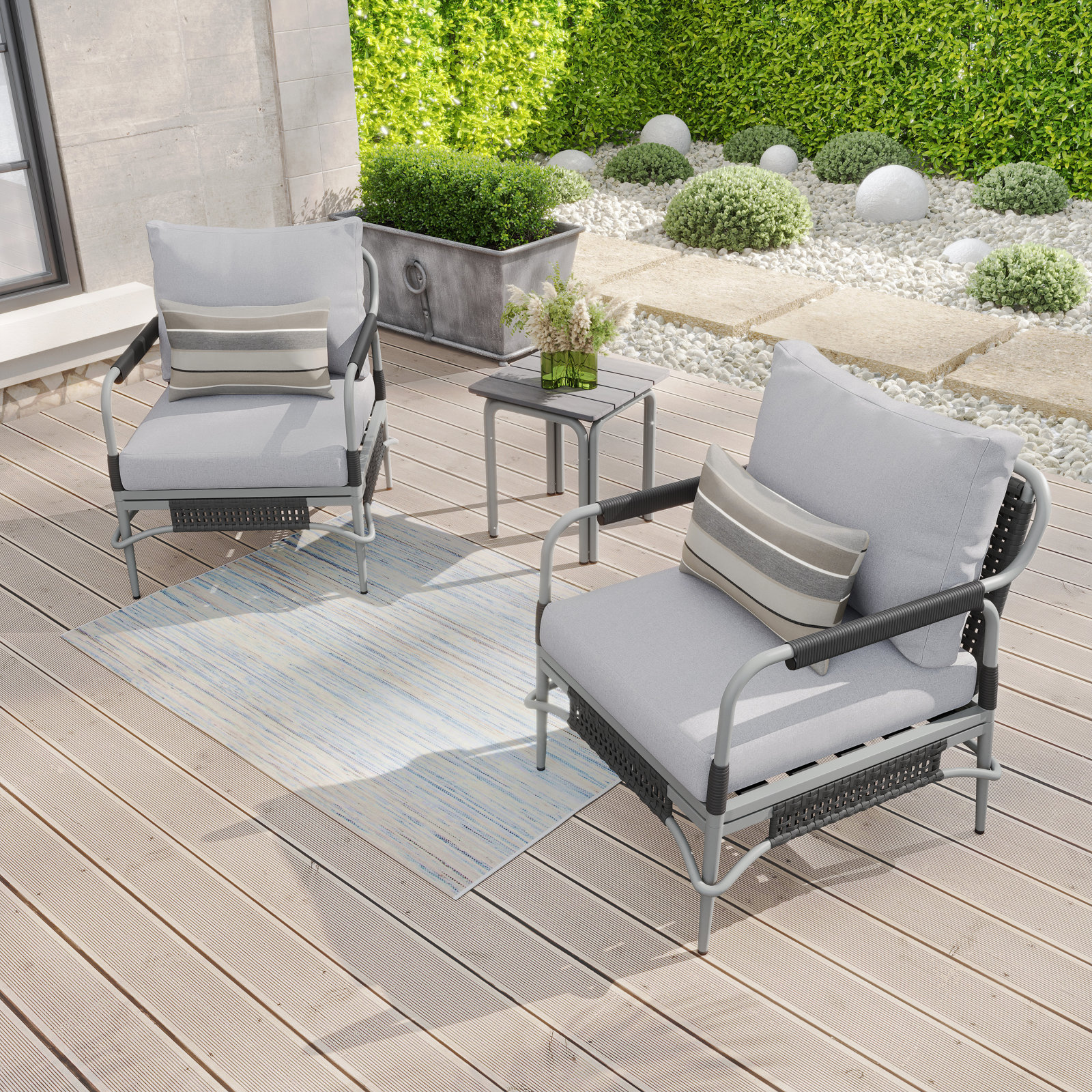 Hope 2 - Person Patio Conversation Set with Cushions, Light Gray Frame/Light Gray Polyester Cushion