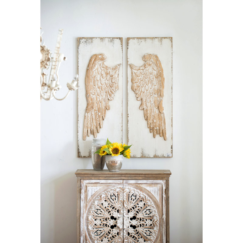 Ensemble de 2 panneaux muraux à oreilles en plumes avec finition blanche patinée, art mural suspendu, 42 po x 15,5 po
