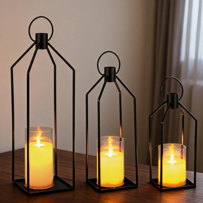 Décor de lanternes de ferme moderne en métal noir 12 + 15 + 19 po avec bougies scintillantes sans flamme à DEL et minuterie 6H, lanterne intérieure / extérieure pour porche, salon, foyer, table