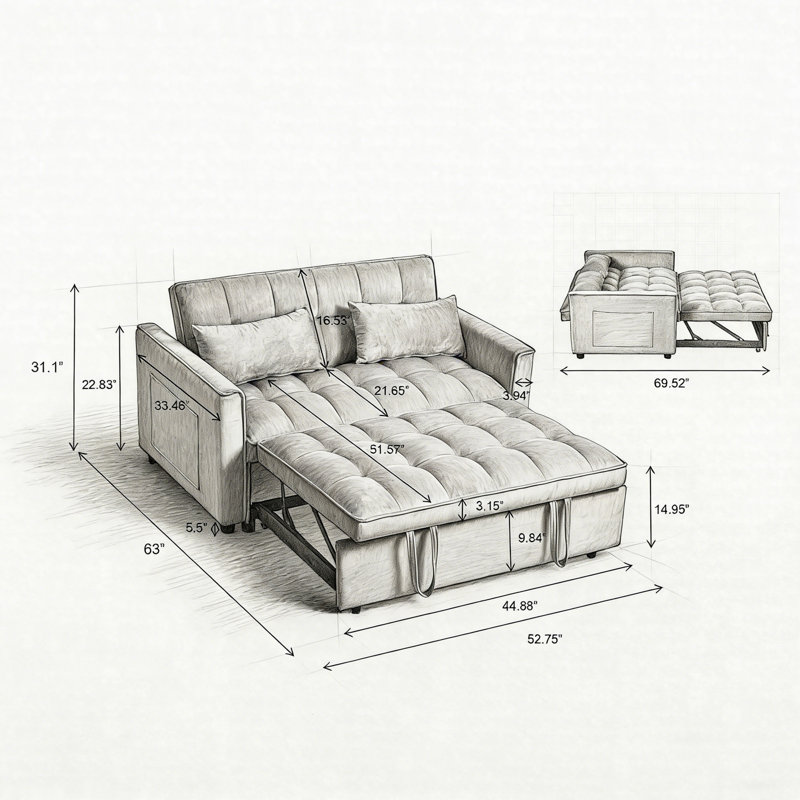 3-In-1 Convertible Sleeper Sofa Bed, Velvet Loveseat Pull-Out Couch With Adjustable Backrest, Modern Futon Sofa With Side Pockets & Pillows