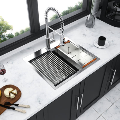 25 Inch Drop-In Sink, Stainless Steel 16 Gauge, To Tarnish, Brushed Nickel, Functional Kitchen Basin Drop Stain- Material, Versatile Workstation