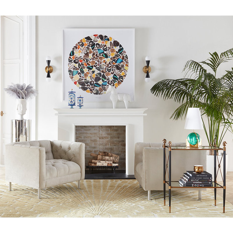 Black and Antique Brass Two-Tier Side Table with Glass Shelves