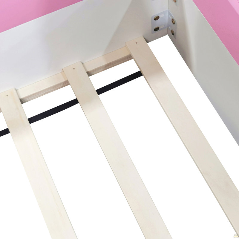 Structure de lit de jour simple rembourrée avec clôture et escalier, Lit simple, Rose et blanc
