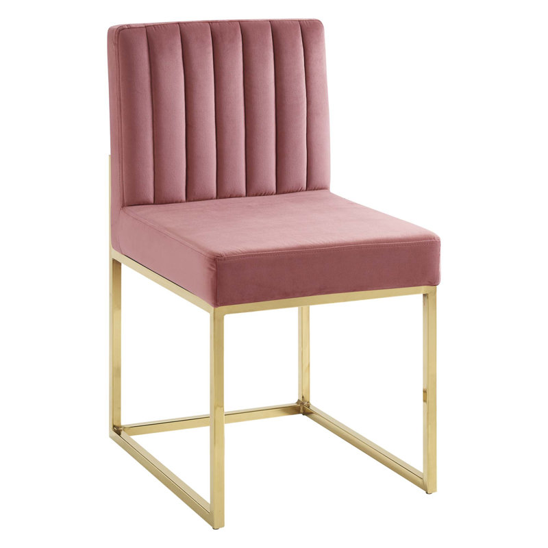 Carriage Tufted Sled Base Upholstered Fabric Dining Chair, Gold, 1, Dusty Rose